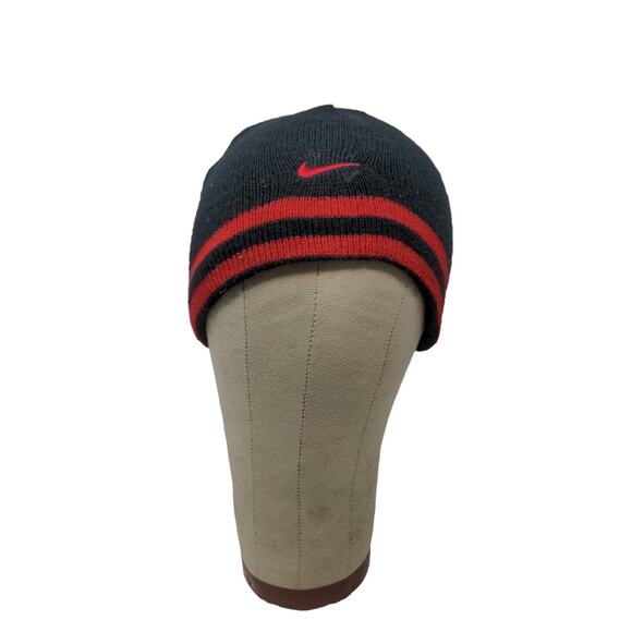 Nike Reversible Knit Beanie Hat Black Red Striped Embroidered Swoosh Logo - Picture 1 of 11